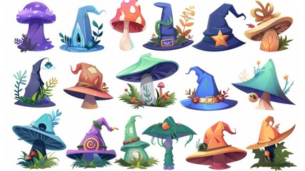 Set of witch hats cartoon modern. This set of witch hats cartoon modern features mushrooms, plant branches, leaves, eyeballs, and stars. This set is suitable for Halloween party costumes for