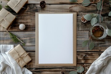 Blank paper on a wooden table with christmas decorations. Holiday background 