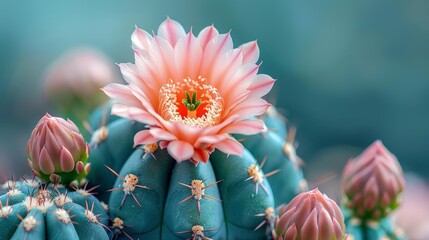 cactus plant with flowers in the background, featuring pink, blue, and pink - and - red blooms - Powered by Adobe
