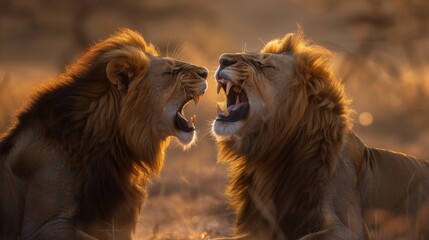 Fototapeta premium **Two lion brothers engaged in a playful wrestling match, their deep roars echoing across the savannah as they strengthen their bond 