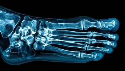 X-ray image of a human toot showing detailed bone structure from wrist to fingertips. Concept of medical imaging, orthopedic diagnostics