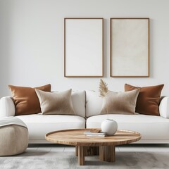 Frame mockup, brown sofa on round sofa, boho style home interior of modern living room