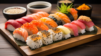 A delectable sushi platter featuring an assortment of nigiri and rolls