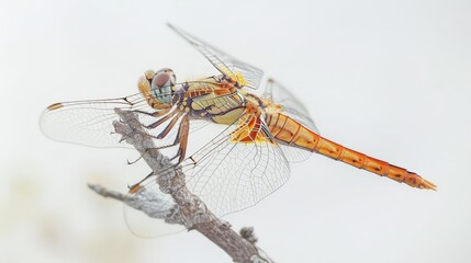 close - up of dragonfly resting on twig against white sky
