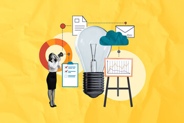 Composite collage of graphics interface stats diagram fragment lady organization mechanism structure project talk loudspeaker idea lamp