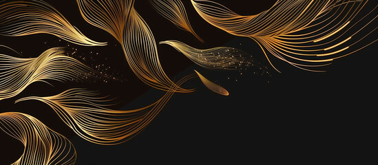 feathers golden line art luxury black banner background