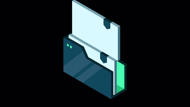 Isometric folder with documents animation. Document folder isometric. Archive containing documents. 4K video animated in isometric style. Transparent background with alpha channel
