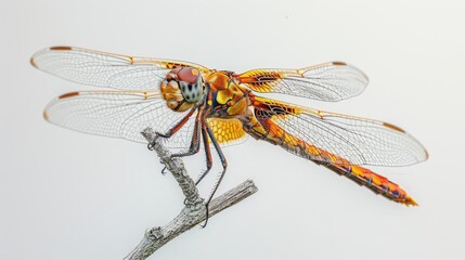 close - up of dragonfly resting on twig