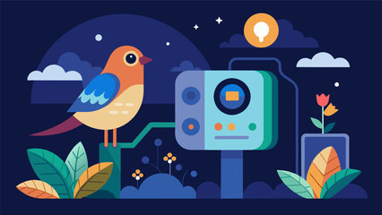 A revolutionary habitat controller that uses sensor technology to provide a comfortable and safe living space for exotic birds day and night.. Vector illustration