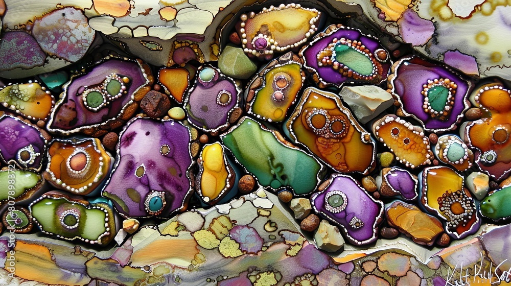 Poster brightly colored rocks and stones are depicted in a lively painting, showcasing various shapes and s