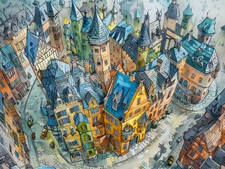 Obraz premium Capture a magnificent, utopian cityscape from a daring birds-eye view, where dreamlike buildings and surreal elements blend seamlessly