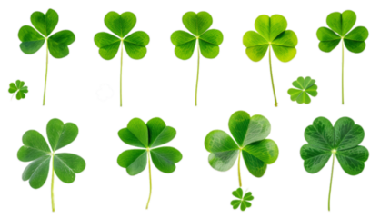 Set of green clover leaves isolated on transparent background
