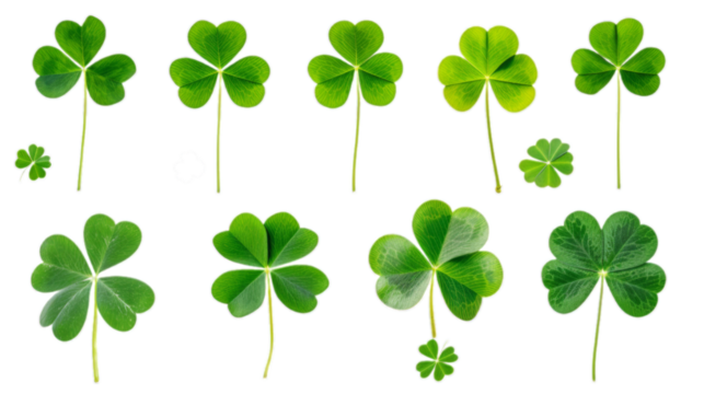 Set of green clover leaves isolated on transparent background - Powered by Adobe