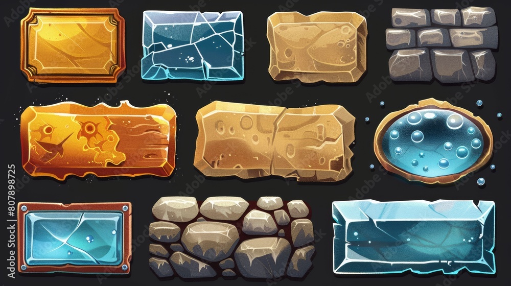 Poster different textures for start buttons in game menu interfaces. modern cartoon set of active, normal, 