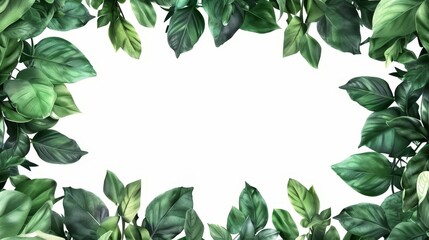 A spring summer banner with green foliage. Modern cartoon poster template with blank white copyscape and a frame of green leaves.