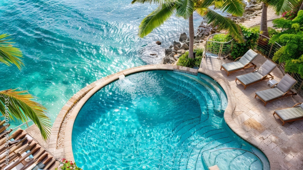 Aufkleber A pool with several lounge chairs situated on a deck with a clear view of the vast ocean stretching out to the horizon