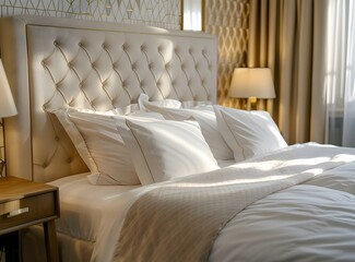 luxurious bed with white and beige bedding, surrounded by an elegant fabric headboard