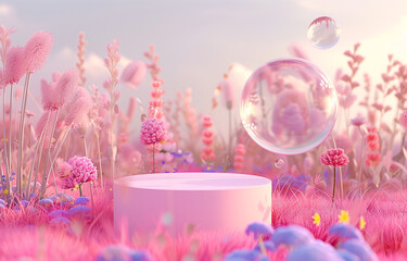 A dreamy pink grass and spring flowers landscape with soft pastel colors, featuring an empty white podium surrounded by floating bubbles and ethereal clouds. Product display or beauty presentation