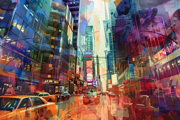 Capture the essence of a bustling cityscape through a kaleidoscope of vibrant colors and geometric shapes, blending traditional acrylic strokes with sleek CG 3D renderings