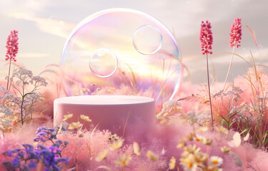 A dreamy pink grass and spring flowers landscape with soft pastel colors, featuring an empty white podium surrounded by floating bubbles and ethereal clouds. Product display or beauty presentation