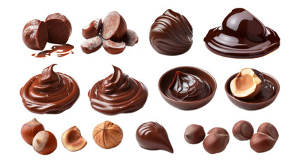 Set of delicious chocolate spread and hazelnuts isolated on transparent background