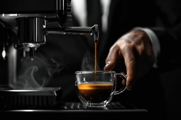A coffee machine prepares coffee, a businessman in a suit. Monochrome sepia