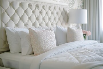 luxurious hotel room with an elegant headboard, featuring intricate geometric patterns and soft pastel colors for sophisticated atmosphere