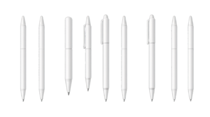 Set of white realistic pens isolated on transparent background