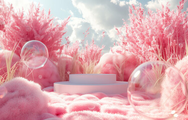 A dreamy pink grass landscape with soft pastel colors, featuring an empty white podium surrounded by floating bubbles and ethereal clouds. Magical atmosphere for product display or beauty presentation