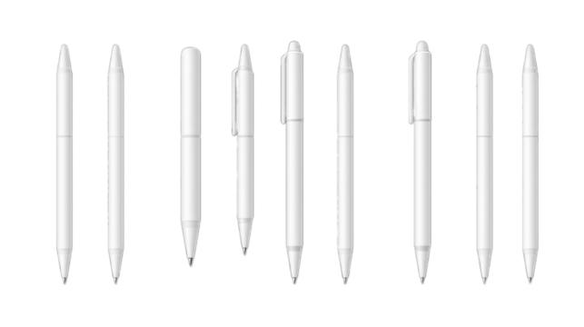 Set of white realistic pens isolated on transparent background