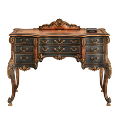 A classical style oak and leather desk with an ornate, dark wood inlay on the top isolated on transparent background