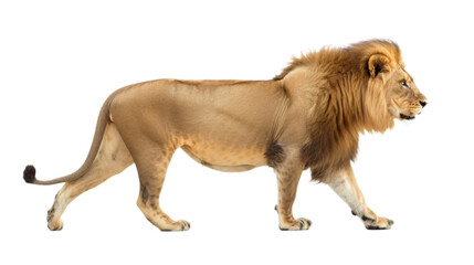 Obraz premium Side view of a walking lion isolated on transparent background