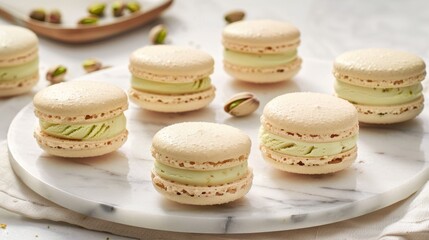 Pistachio Macarons on Marble Serving Platter Elegantly Presented