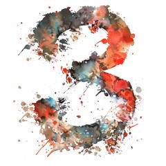 3, three number in watercolor painting on a white background
