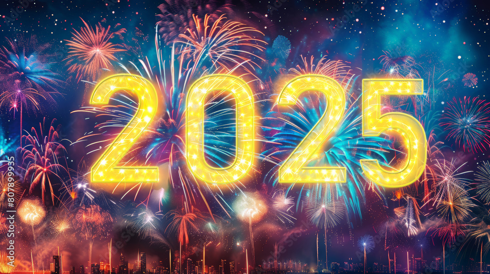 Poster The year 2025 is celebrated with a colorful fireworks display in the background, lighting up the sky with vibrant bursts of light and color