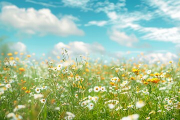 Blooming wildflowers and green grass field with blurred blue sky. Picturesque summer scene in nature. Cutting-edge ai technology
