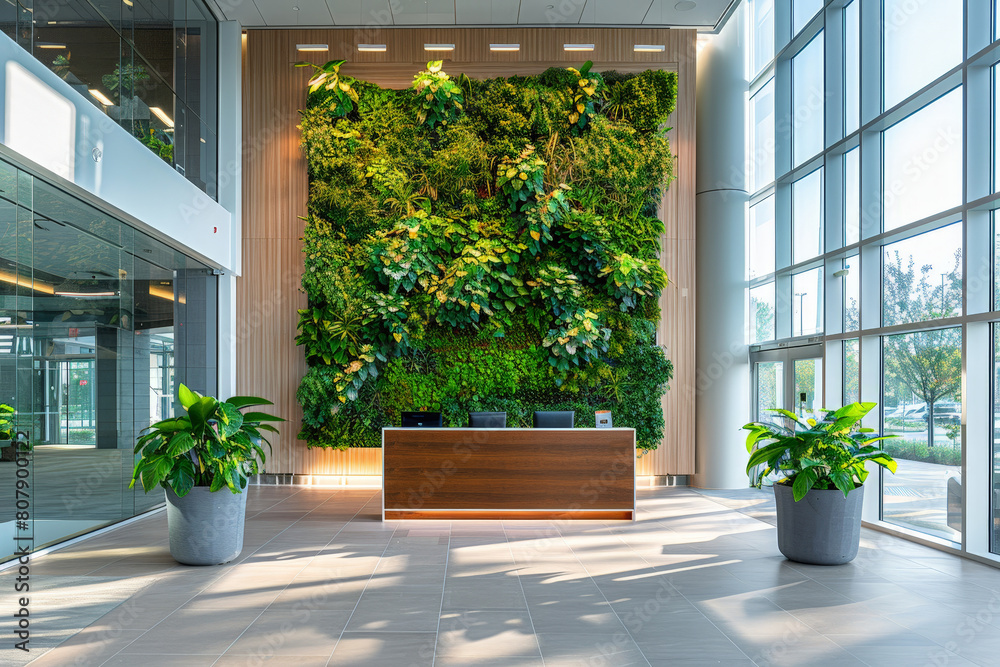 Poster a lobby with a green wall and various potted plants in the background, creating a natural and refres