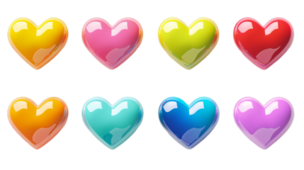 Set of 3d cartoon colorful hearts isolated on transparent background