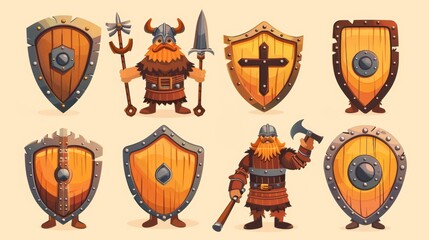 Viking character with shields and helmet. Viking warrior with shields and helmet. Modern cartoon illustration of a barbarian with armor and shields made from wood and metal. - obrazy, fototapety, plakaty