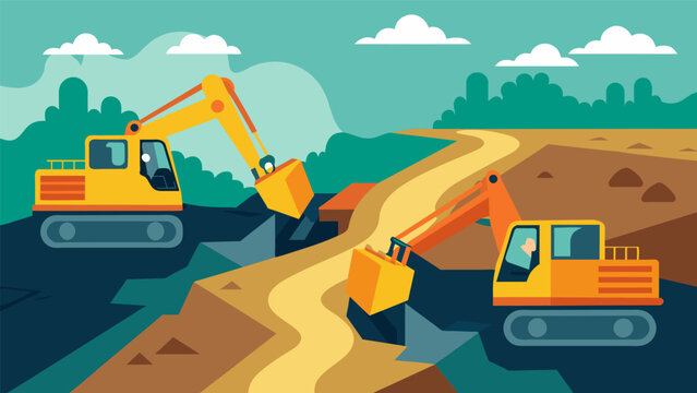 Despite the challenging terrain the excavators make quick work of the digging their powerful engines propelling them forward with ease.. Vector illustration