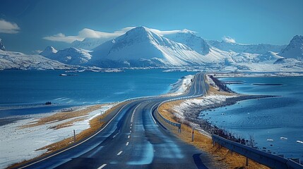 The road with beautiful blue sea, a beautiful snowy mountain on distant, the road has beautiful gentle curves up and down and left and right. Generative AI.