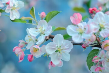 Obraz premium White and pink blossoms on a blue backdrop: a refreshing springtime display