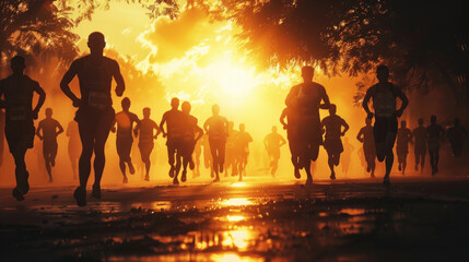 Fototapeta premium silhouetted athletes running side by side during a dawn marathon, with the glow of the rising sun illuminating the path ahead, symbolizing the shared journey of endurance and perseverance.
