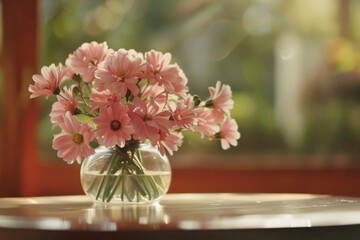 Beautiful blooms in pink vase resting on table