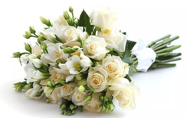 Bouquet of white roses and freesia on a white background. 