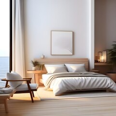 Minimal bedroom interior with Home decoration mock up. Cozy coastal stylish, furniture, comfortable bed, Modern design background with Generative AI.
