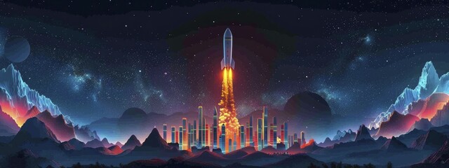 Tech Startup Visual Concept with Rocket Launching from Bar Graph in Space