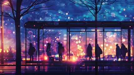 Figures standing in line at a city bus stop, their outlines highlighted by the glow of street lamps and passing cars, symbolizing the interconnectedness of urban communities.