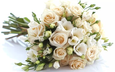 Bouquet of white roses and freesia on a white background. 