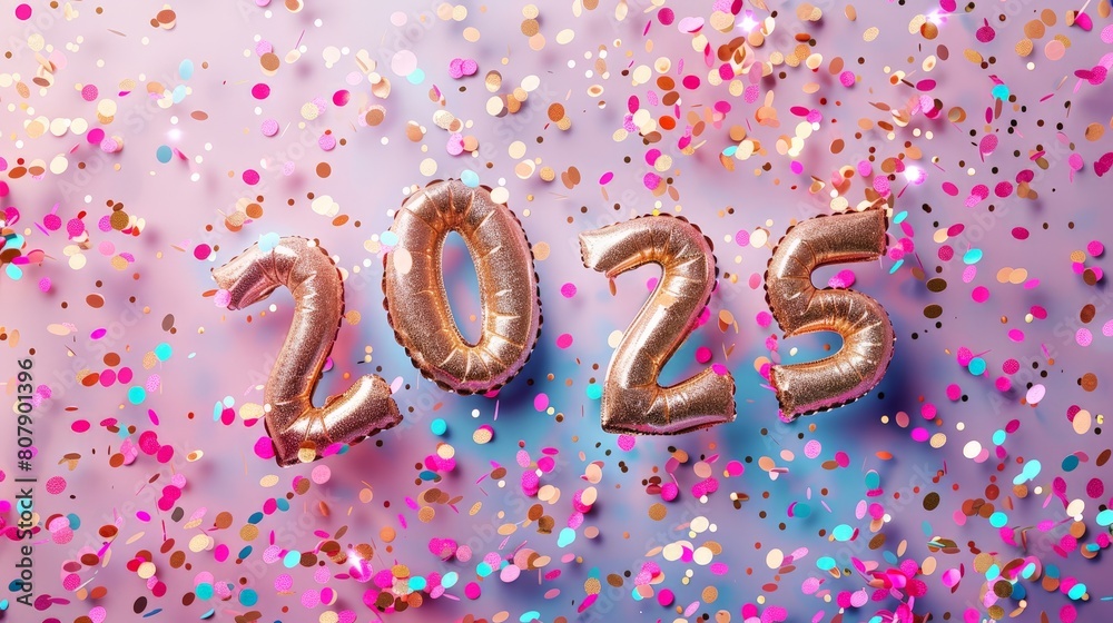 Canvas Prints Colorful confetti and assorted balloons scattered on a vibrant pink background with the number 2025 prominently displayed for Happy New Year 2025